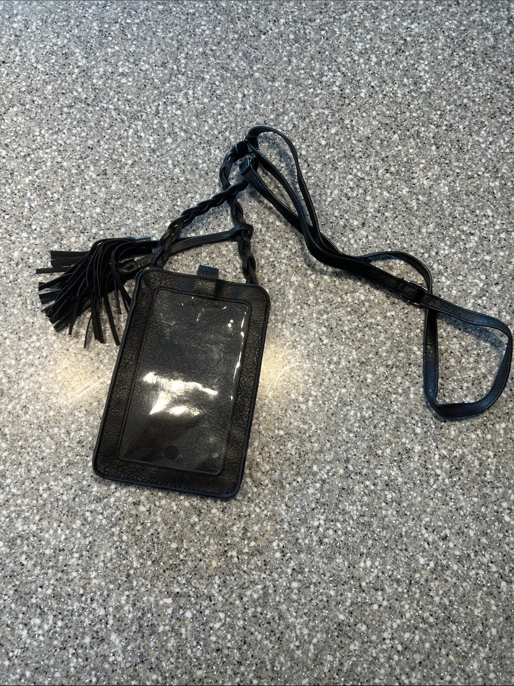 Slim Black Leather Crossbody Phone Pouch with Braided Tassel Strap